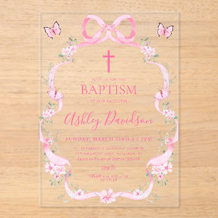 Pink Bow Wildflower Butterfly Baptism Christening Acrylic Invitations