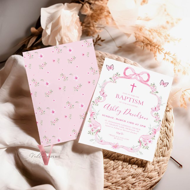 Pink Bow Wildflower Butterfly Baptism Christening Invitation (Creator Uploaded)