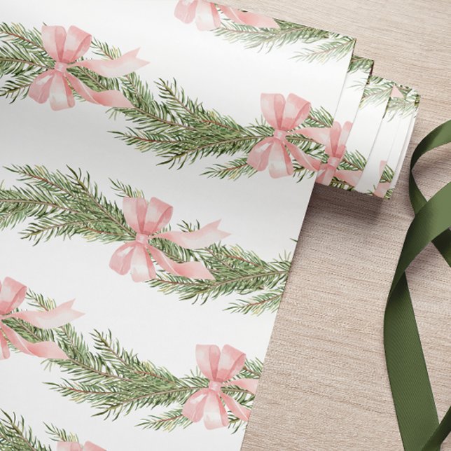 Pink Bow Winter Green Wrapping Paper (Creator Uploaded)