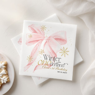 Pink Bow Winter Onederland 1st Birthday Napkin