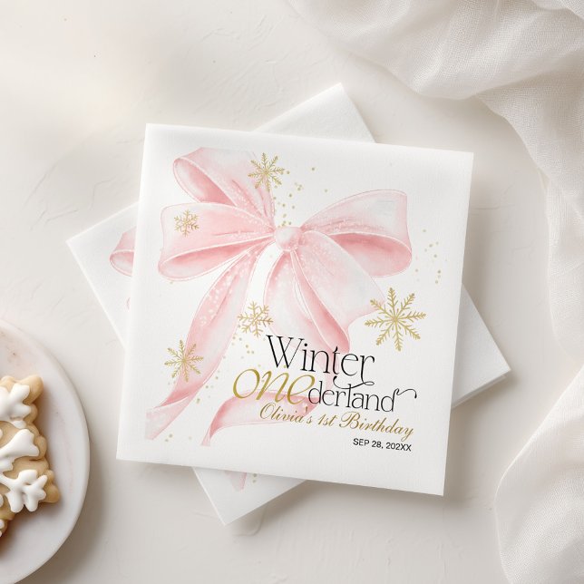 Pink Bow Winter Onederland 1st Birthday Napkin (Creator Uploaded)