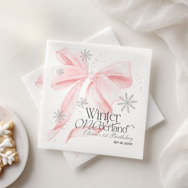 Pink Bow Winter Onederland 1st Birthday Napkin (Creator Uploaded)