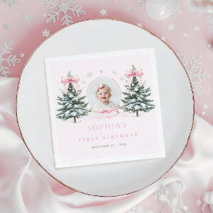 Pink Bow Winter Onederland First Birthday Napkins
