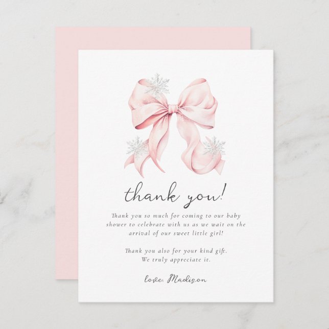 Pink Bow Winter Snowflake Baby Shower Card (Front/Back)