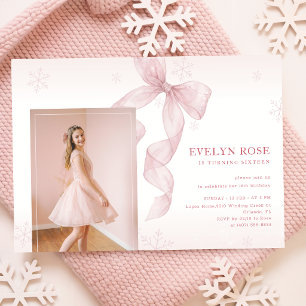 Pink Bow Winter Snowflake Photo 16th Birthday Invitation