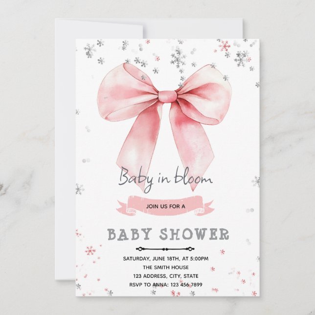 Pink bow winter theme invitation (Front)