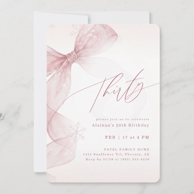 Pink Bow Winter Thirty Birthday Girl Party Invitation (Front)