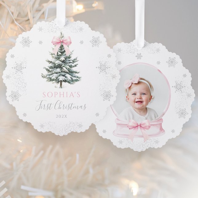 Pink Bow Winter Tree First Christmas Ornament Card (Creator Uploaded)