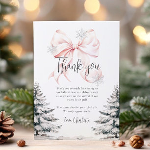 Pink Bow Winter Trees Baby Shower Thank You Card