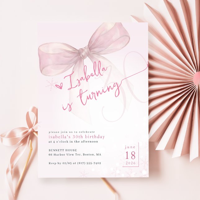 Pink Bow Winter Turning 30 Birthday Themes Invitation (Creator Uploaded)