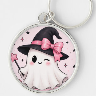Pink Bow Witch Ghost Coquette Halloween Keychain