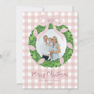 Pink Bow Wreath Christmas Photo Holiday Card