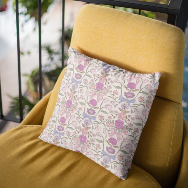 Pink Bows and Blossoms Boho Throw Pillow (Creator Uploaded)