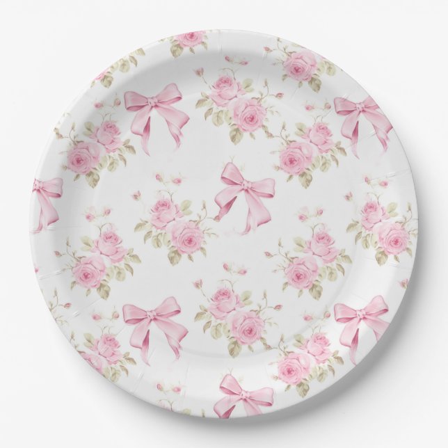Pink Bows and Roses Coquette Bridal Shower Paper Plate (Front)