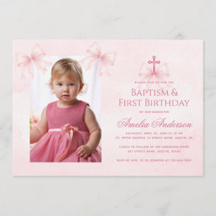 Pink Bows Baptism and First Birthday Girl Photo  Invitation