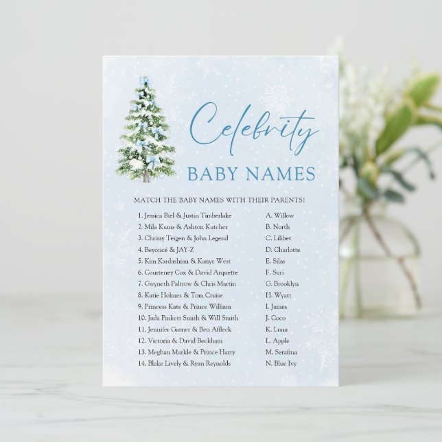 Pink Bows Christmas Tree Celebrity Baby Name Game Invitation (Standing Front)