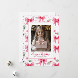 Pink Bows Custom Christmas Photo & Name Holiday Card