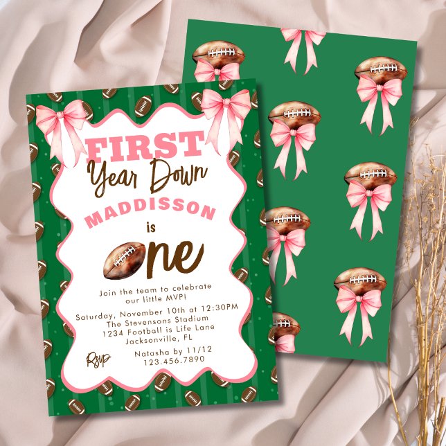 Pink Bows First Year Down Football 1st Birthday  Invitation (Creator Uploaded)