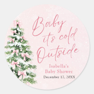 Pink Bows Girl Baby It's Cold Outside Baby Shower Classic Round Sticker