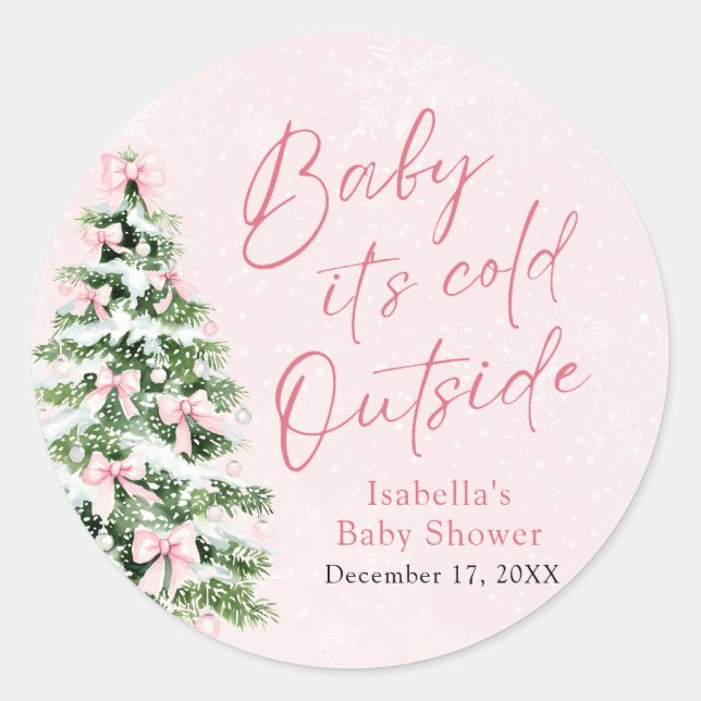 Pink Bows Girl Baby It's Cold Outside Baby Shower Classic Round Sticker (Front)