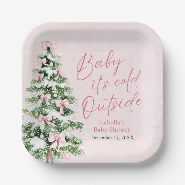 Pink Bows Girl Baby It's Cold Outside Baby Shower Paper Plate (Front)