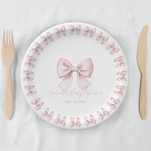 Pink Bows Girl Baby Shower Script & Watercolor Paper Plate