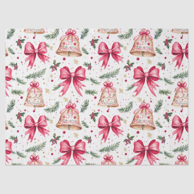 Pink Bows Gold Bells Christmas Tissue Paper (Front)