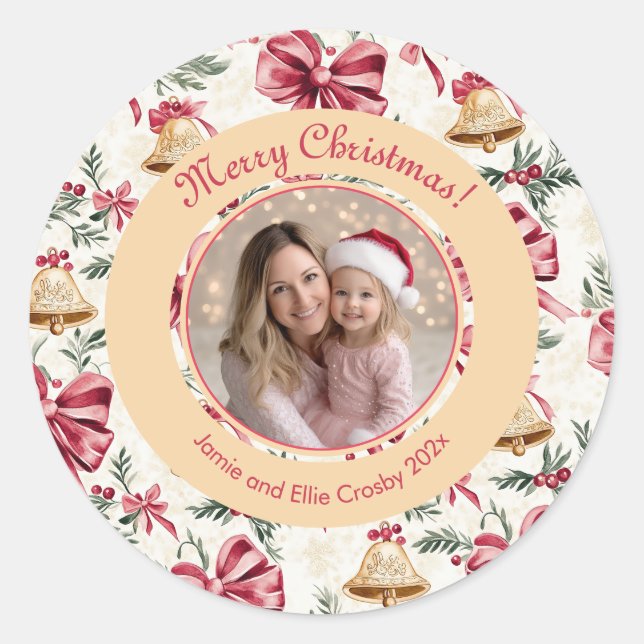 Pink Bows Gold Bells Photo  Classic Round Sticker (Front)