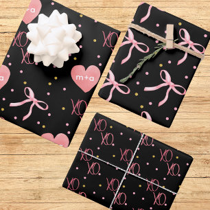 Pink Bows Hearts XOXO Black Watercolor Design Wrapping Paper Sheet