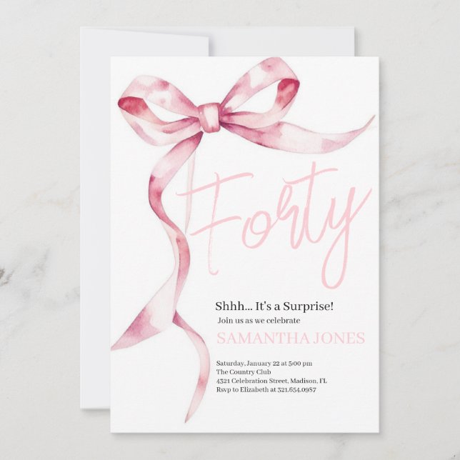 Pink Bows Modern Forty 40th Birthday Party Invitation (Front)