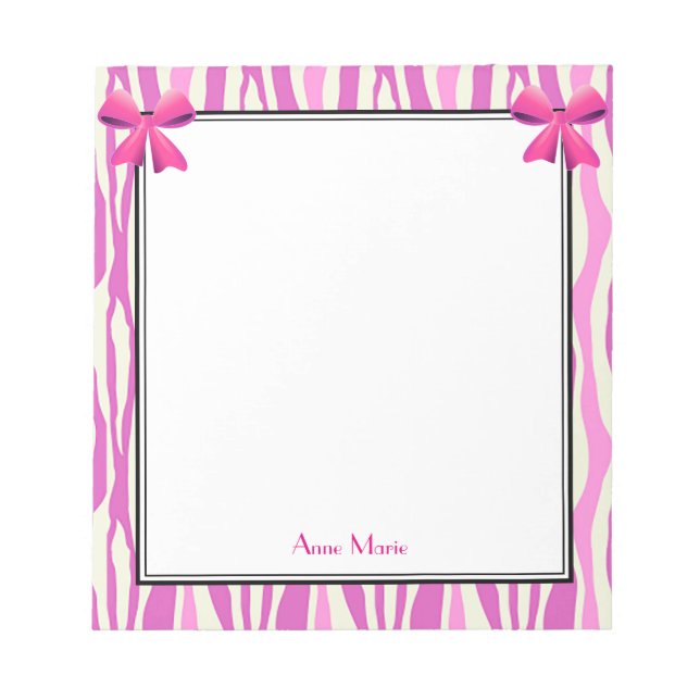 Pink Bows with Pink Zebra Stripes Pattern Notepad (Front)
