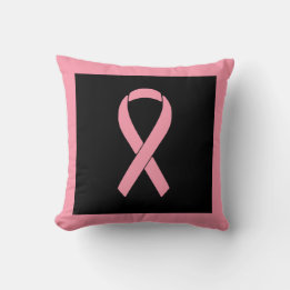 Pink Breast Cancer Awareness Ribbon on Black Throw Pillow