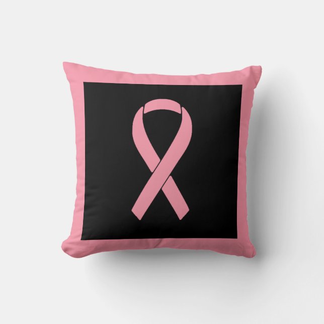 Pink Breast Cancer Awareness Ribbon on Black Throw Pillow (Front)