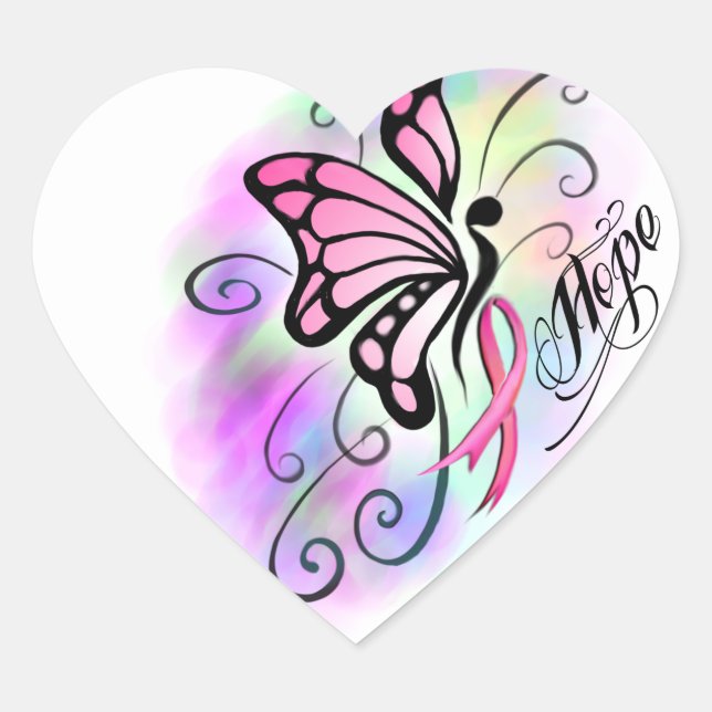 pink breast cancer ribbon butterfly watercolor heart sticker (Front)