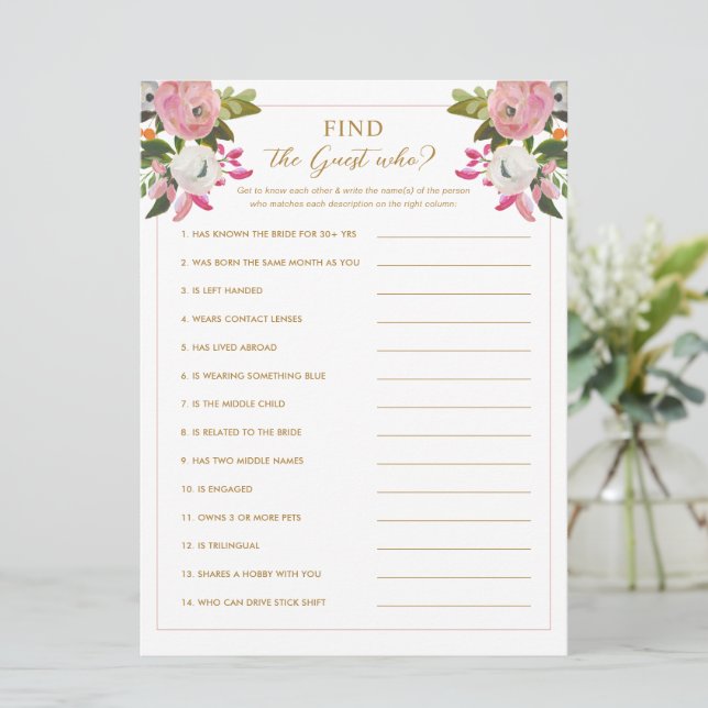Pink Bridal Shower Game Find the Guest Who Game Invitation (Standing Front)