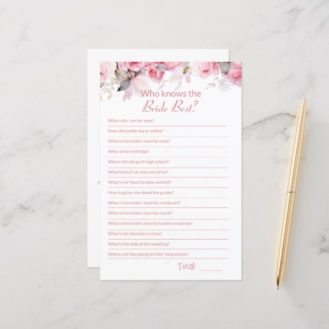 Pink Bridal Shower How well do you know Game Card (Front/Back In Situ)