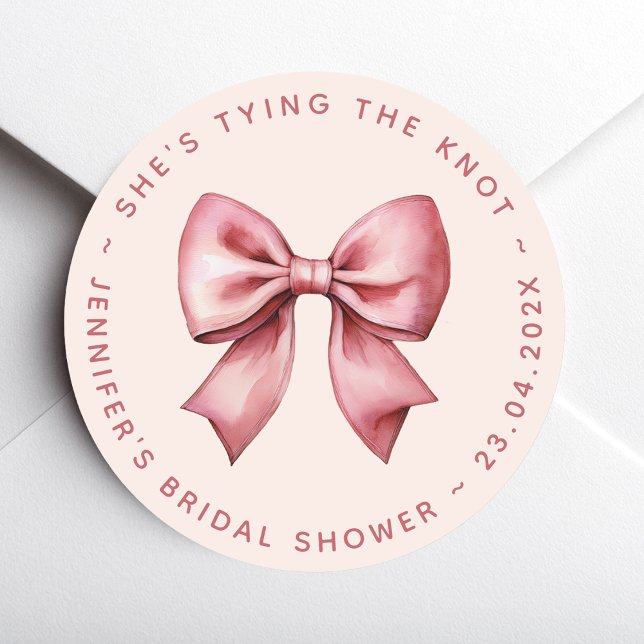Pink Bridal Shower Red Bow She's Tying the Knot Classic Round Sticker (Creator Uploaded)
