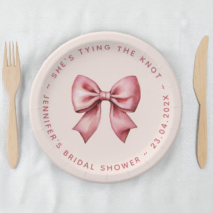 Pink Bridal Shower Red Bow She's Tying the Knot Paper Plate