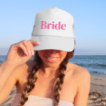 Pink Bride Bachelorette Trucker Hat<br><div class="desc">Fun, flirty pink with simple vertical block lettering for the bride to wear at the bachelorette party. Pretty keepsake favour for your girls weekend! Message me if you want something different than what you see here-happy to create something custom for you.</div>