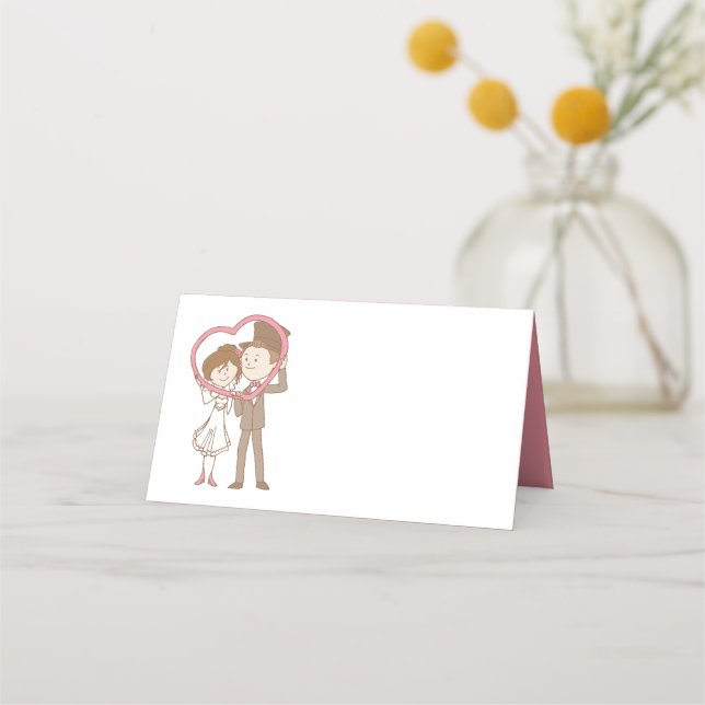 Pink Bride Groom Cartoon Wedding Bridal Shower Place Card (Front)