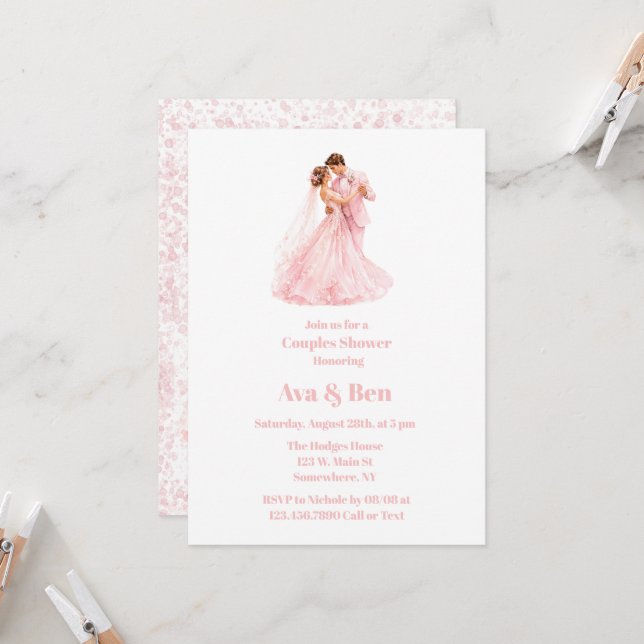 Pink Bride & Groom Dancing Couples Shower Invitation (Front/Back In Situ)