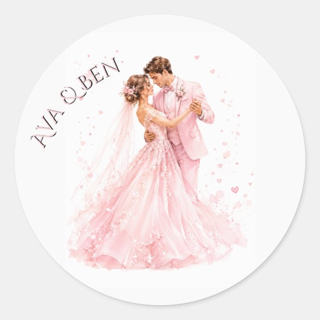 Pink Bride & Groom Dancing Wedding Classic Round Sticker (Front)