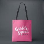 Pink Bride's Squad Personalized Bridal Party Totes<br><div class="desc">Custom bridal party tote bags with "Bride's Squad" graphic in a stylish brush script. Personalize it with your wedding date,  wedding hashtag,  names or other custom text. Trendy chevron print on reverse side. Perfect gift for bride,  bridesmaids and wedding party!</div>
