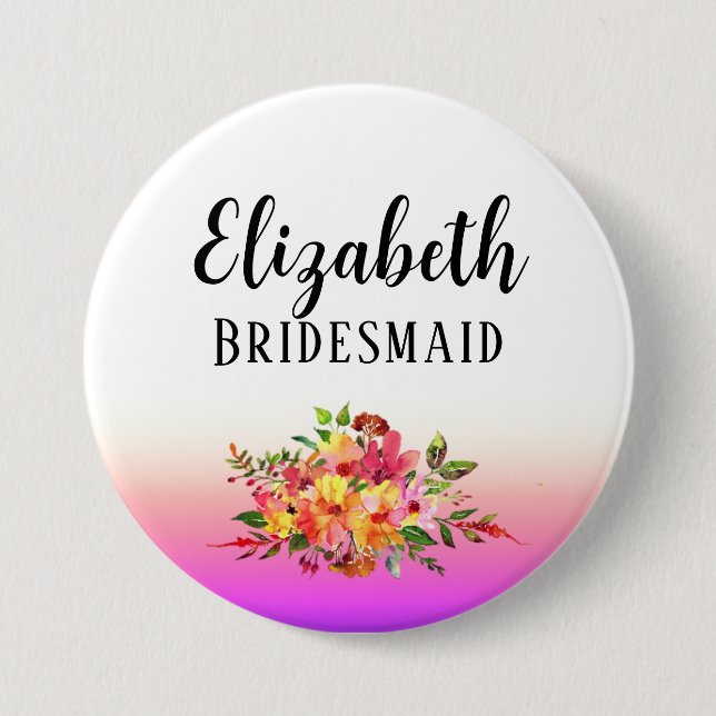 Pink Bridesmaid | Modern Floral Personalized 3 Inch Round Button (Front)