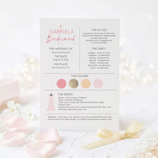 Pink Bridesmaid Proposal & Information (Pink and Gold Bridesmaid Proposal Information Card)