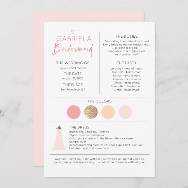 Pink Bridesmaid Proposal & Information (Front/Back)