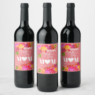 Pink Bright Florals Happy Mother's Day Wine Label
