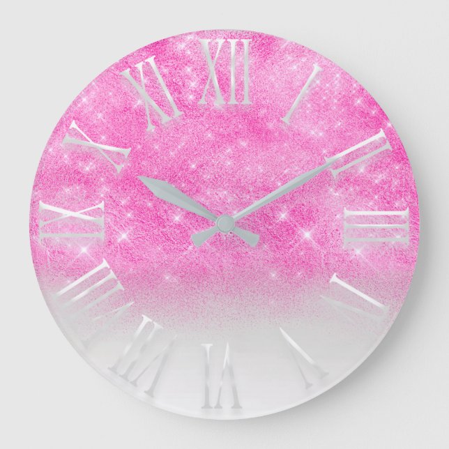 Pink Bright Glitter effect White Spark Princess Large Clock (Front)