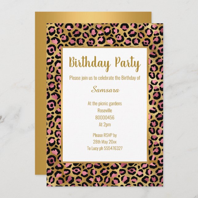 PINK BRIGHT LEOPARD GOLD ALL OCCASION BIRTHDAY  INVITATION (Front/Back)
