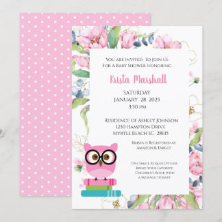 Pink Bring  Book Owl Floral Baby Shower Invitation